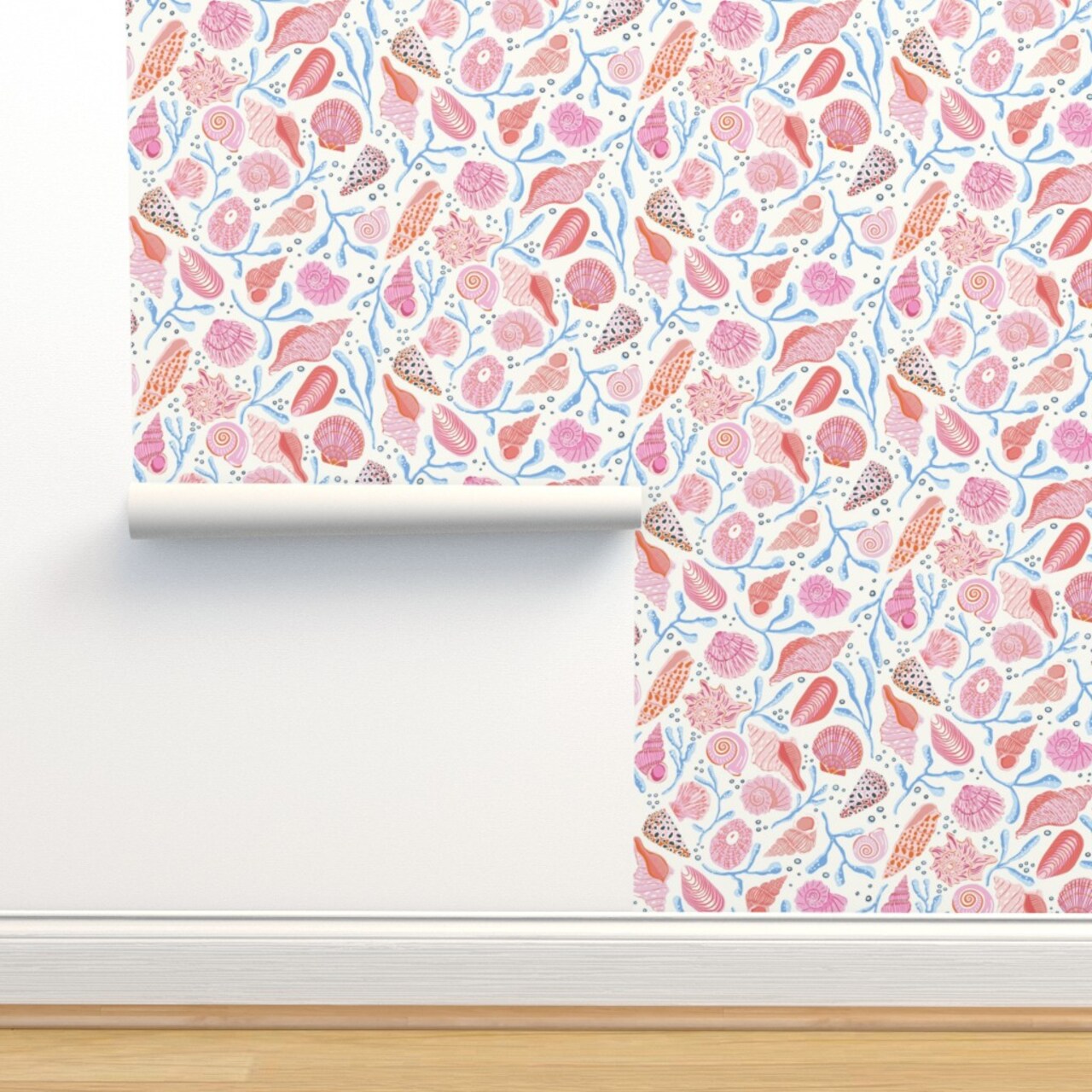 Coastal Shells Coral Pink Beach Summer Nautical Maritime Jumbo Scale Custom Removable Wallpaper by Spoonflower Peel & Stick Wallpaper 2FT Wide